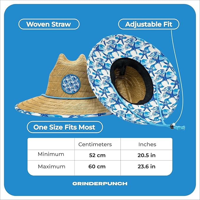 Grinderpunch Lifeguard Hat Mens Straw Sun Hat for Beach, Outdoor, and Travel | UPF 50+ Sun Protection | Wide Brim Straw Beach Hat | Classic Sun Hat for Men and Women (Blue Nautical)
