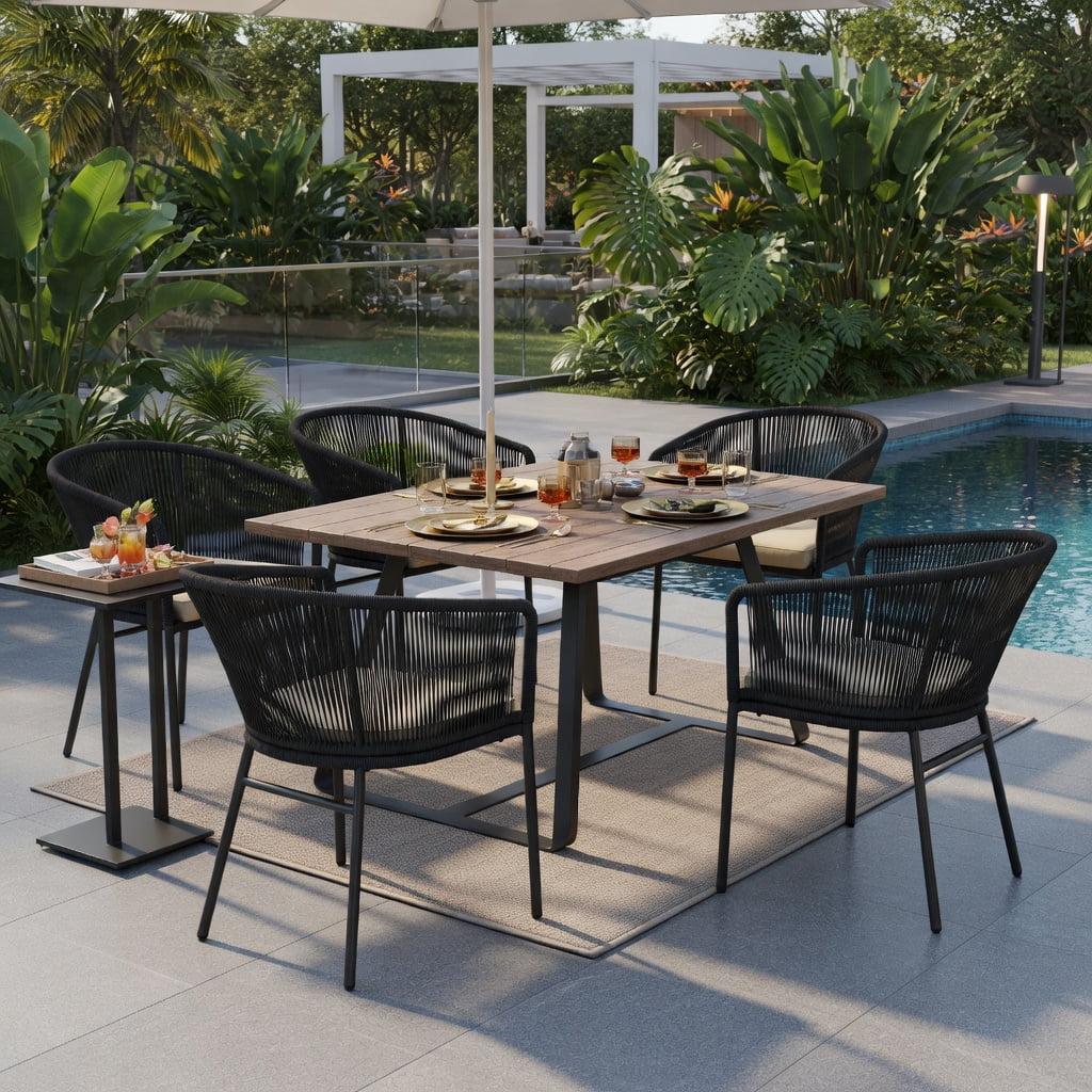 Hommoo 4-Piece Outdoor Patio Chair Set with Curved Backrest, Thick Seat Cushions & Adjustable Feet, Modern Bistro Chairs for Deck, Balcony, or Garden, Black