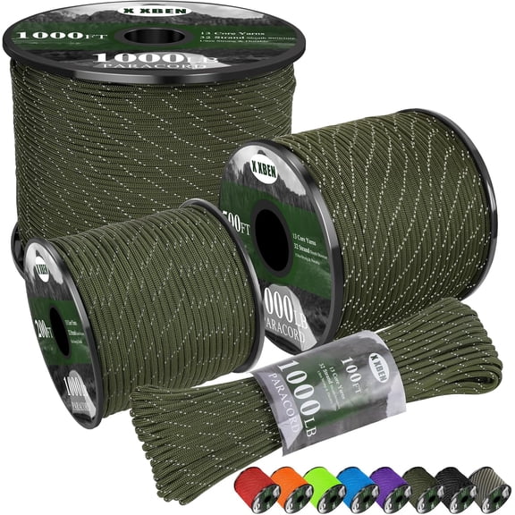 Paracord Reflective 1000lb, 50/100/200/500/1000ft 4mm, 13 Strand Rope, Tactical Parachute Cord for Camping, Fishing, Clothesline, Hammock, Tent & Survival Bracelet, Army Green