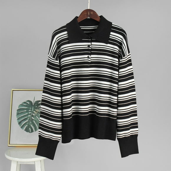 Ailaofu Women Oversized Striped Rugby Polo T-Shirt Tops Long Sleeve Vintage Y2K Preppy Button Collared Sweatshirt Pullover