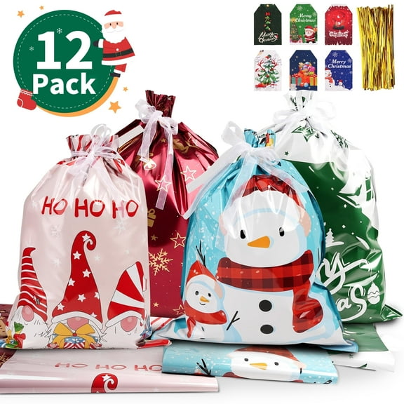 Qissep 12Pcs Christmas Drawstring Gift Bags,4 Different Styles and Sizes of Drawstring Gift Bags,12 Cards & 12 Twist Tie,Reusable Plastic Christmas Bags for Gifts Wrapping,Holiday Presents,Multicolor