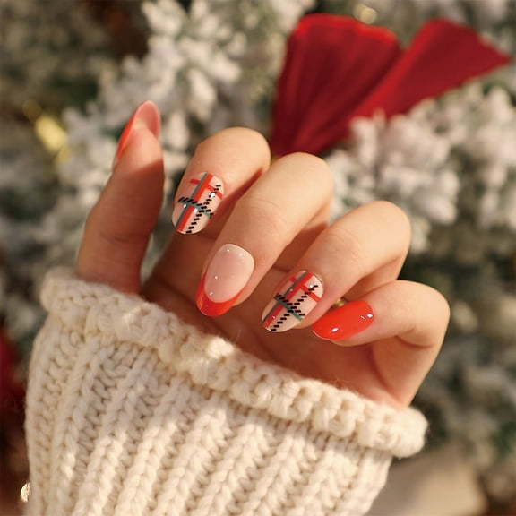 24pcs Christmas Wearable Nail Art - Short - style Red - and - green Checked False Nails