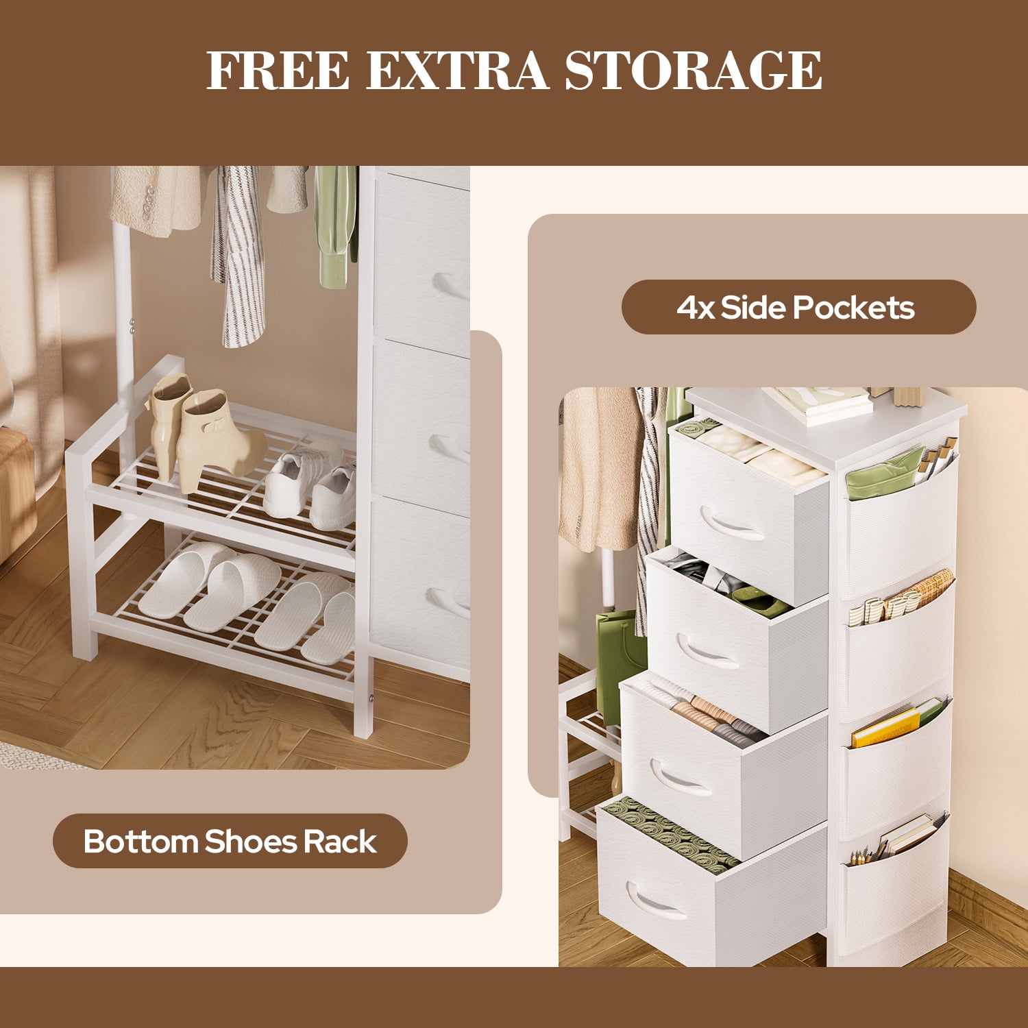 UNTIMATY Dresser with Hanging Rack White Fabric Dresser for Bedroom with Hanging Rack and 4 Drawers Dresser with Side Pockets