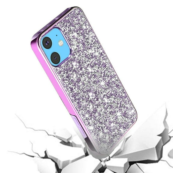 For Apple iPhone 12 Pro Max (6.7") Bling Rhinestone Diamond Shiny Glitter Hybrid Dual Layer Rugged Shell Hard PC TPU Rubber Cover ,Xpm Phone Case [Purple]