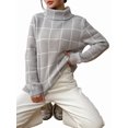 thumbnail image 3 of Women Fall High Neck Plaid Sweater Long Sleeve Loose Casual Chunky Checked Knit Winter Sweaters Jumper Tops Gray M, 3 of 10
