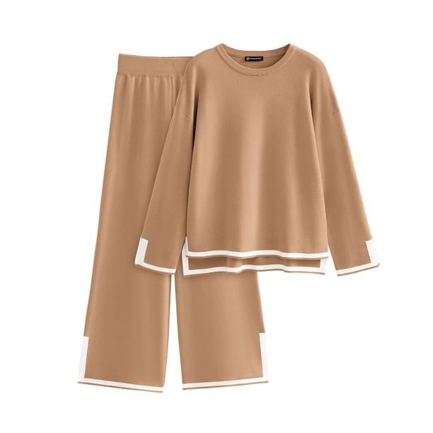 Conjunto de Suéter de Punto para Mujer PRETTYGARDEN Manga Larga Caqui XL