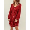 thumbnail image 6 of Asyoly Womens Dresses Long Sleeve A Line Dress Pleated Button Swing Mini Dress Solid Crewneck Elastic Waist Short Dress with Pocket, 6 of 7