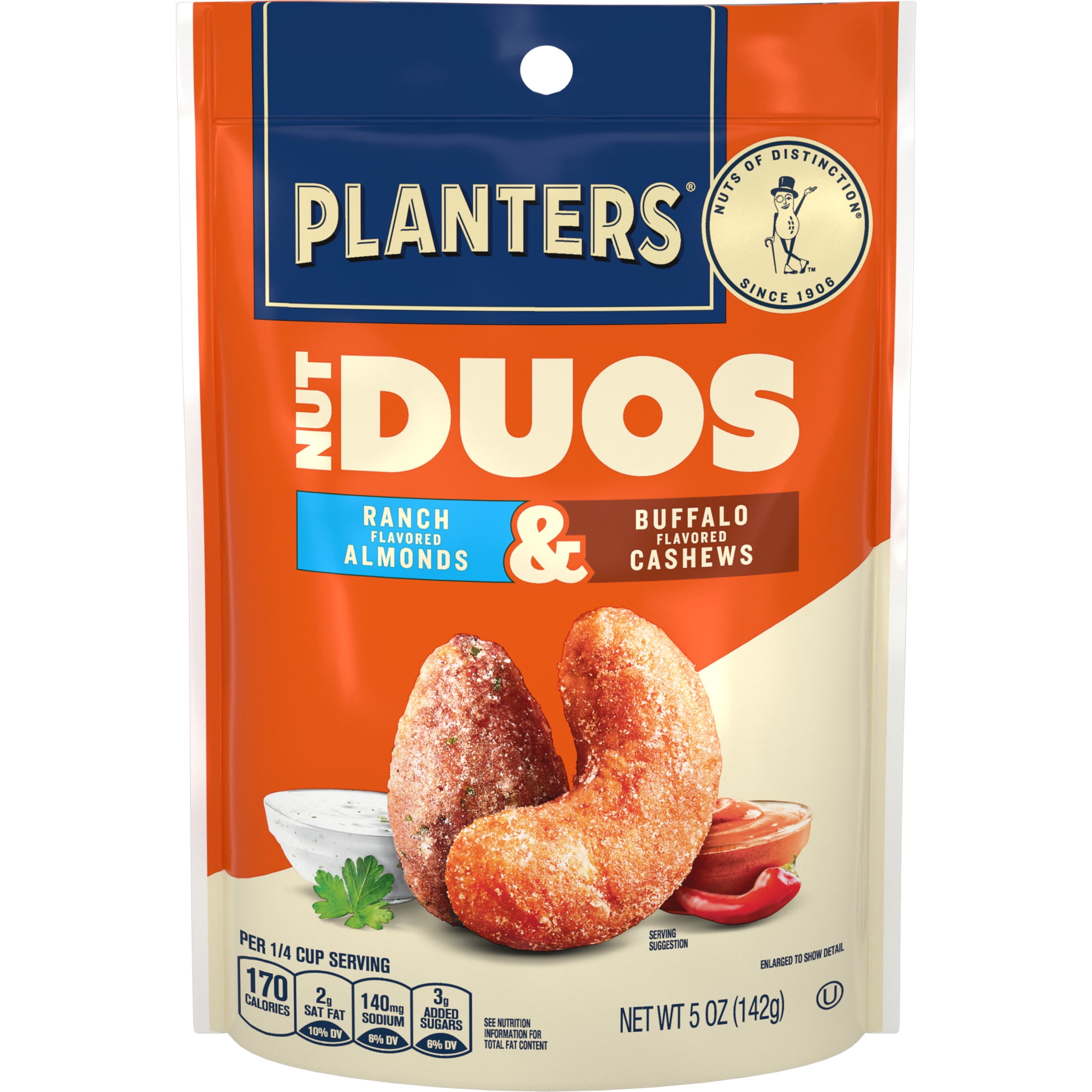 (6 pack) PLANTERS Nut Duos Buffalo Cashew and Ranch Almond, 5 oz Resealable Bag