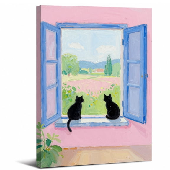 Framed Two Black Cats Window Canvas Wall Art Decor,Cute Two Black Cats Looking Outside Window abstract canvas print for bathroom bedroom living room