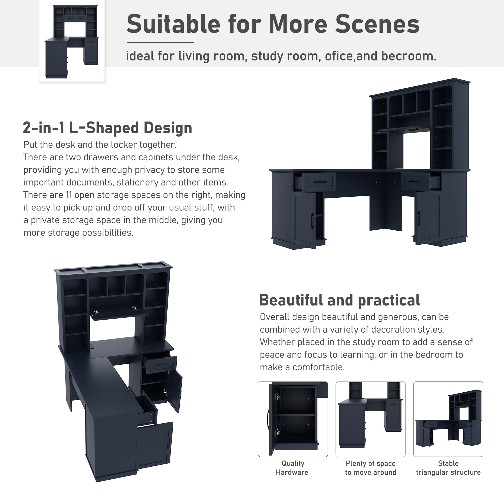 MDQMD Modern L-Shaped Blue Office Desk with Drawer and Shelves,Computer Desk with Storage for Study, Office
