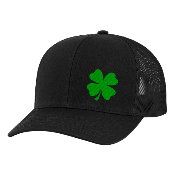 Men's Lucky Shamrock Clover Embroidered Mesh Back Trucker Hat, Black/Black