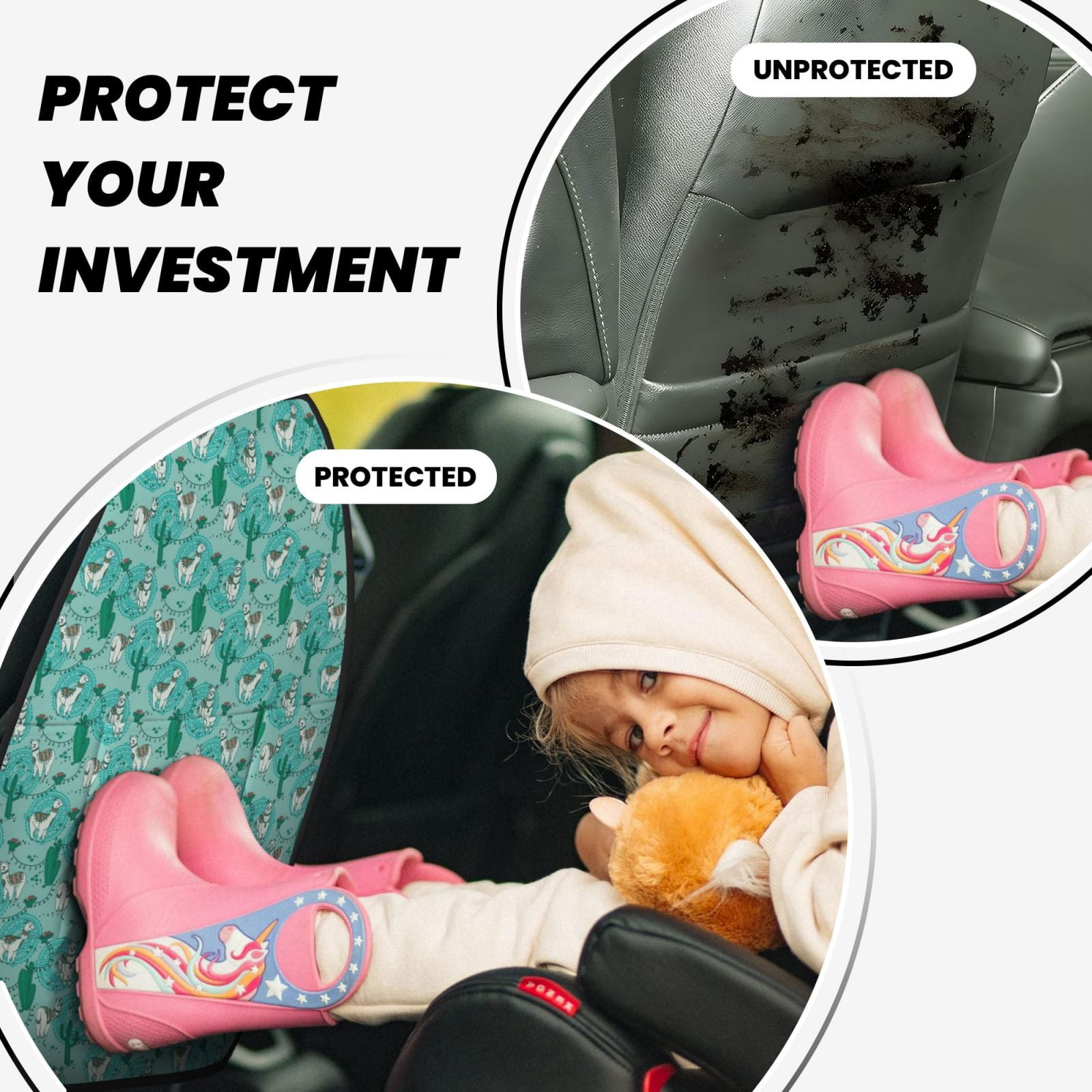 Kdxio Alapaca in Boho Print 2 Pack Car Kick Mat Seat Cover Back Protector Mat with Pockets for Organizer Backseat Protector and Storage Anti Kick Pad for Vehicles