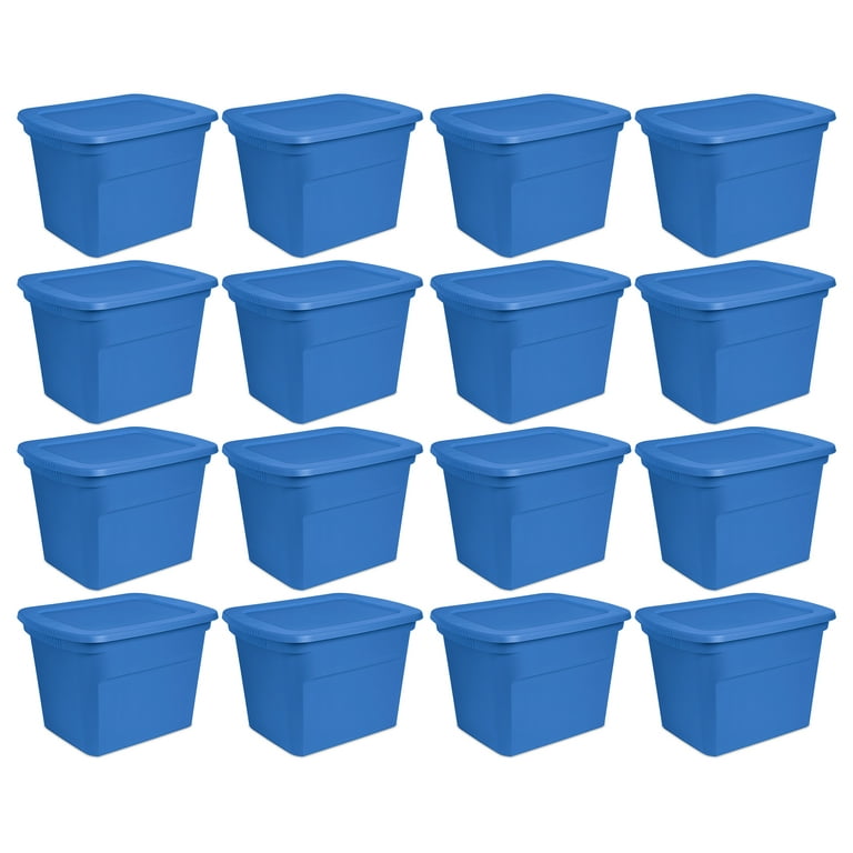 Sterilite Lidded Stackable 30 Gallon Storage Tote with Handles and Indented  Lid for Efficient, Space Saving Household Storage, Marine Blue, 6 Pack