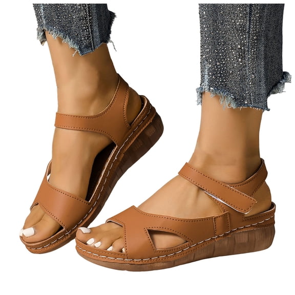 Rokment Women's Orthopedic Platform Wedges Dressy Sandals Comfortable Leather Arch Support Walking Summer Shoes Brown Size 6