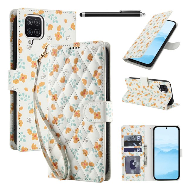 Wallet Case for Samsung Galaxy A12 , PU Leather Phone Cover Kickstand RFID Blocking Flip Case Card Slots Wrist Strap Relief Engraved Pattern Magnetic With Stylus Pen, Orange Flower