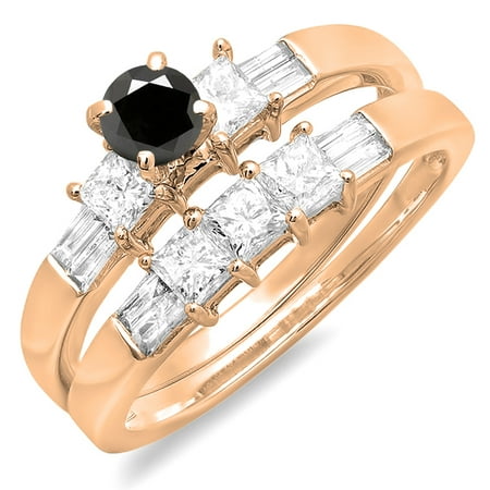 1.00 Carat (ctw) 14K Rose Gold Round Princess & Baguette Cut Black & White Diamond Ladies Bridal Engagement Ring Set 1 C