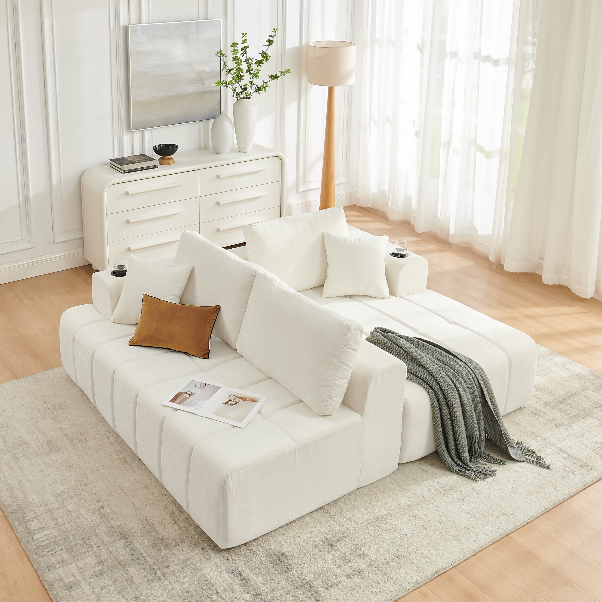Leumius 108" L-Shaped Sectional Sofa,Chenille Boneless Couch, Modern 3-Seat Upholstered Cloud Couch Sectional with Deep Seat and Cup Holders for Living Room,No Assembly Required,Beige