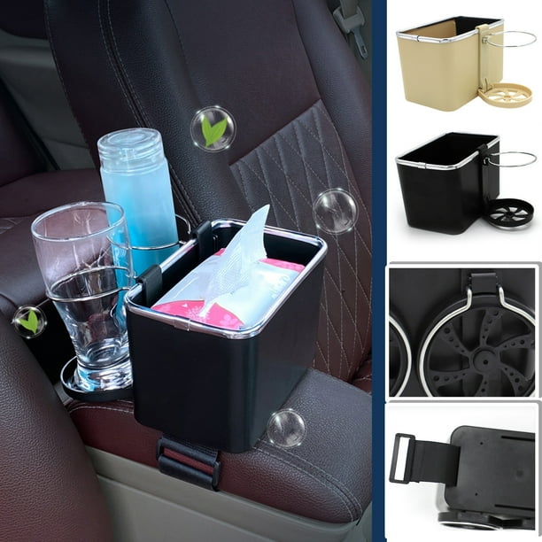 Caja de almacenamiento para reposabrazos de coche con portavasos plegables • Organizador lateral multifuncional para botellas de agua, teléfonos y toallas de papel • 7,1x4,5 pulgadas