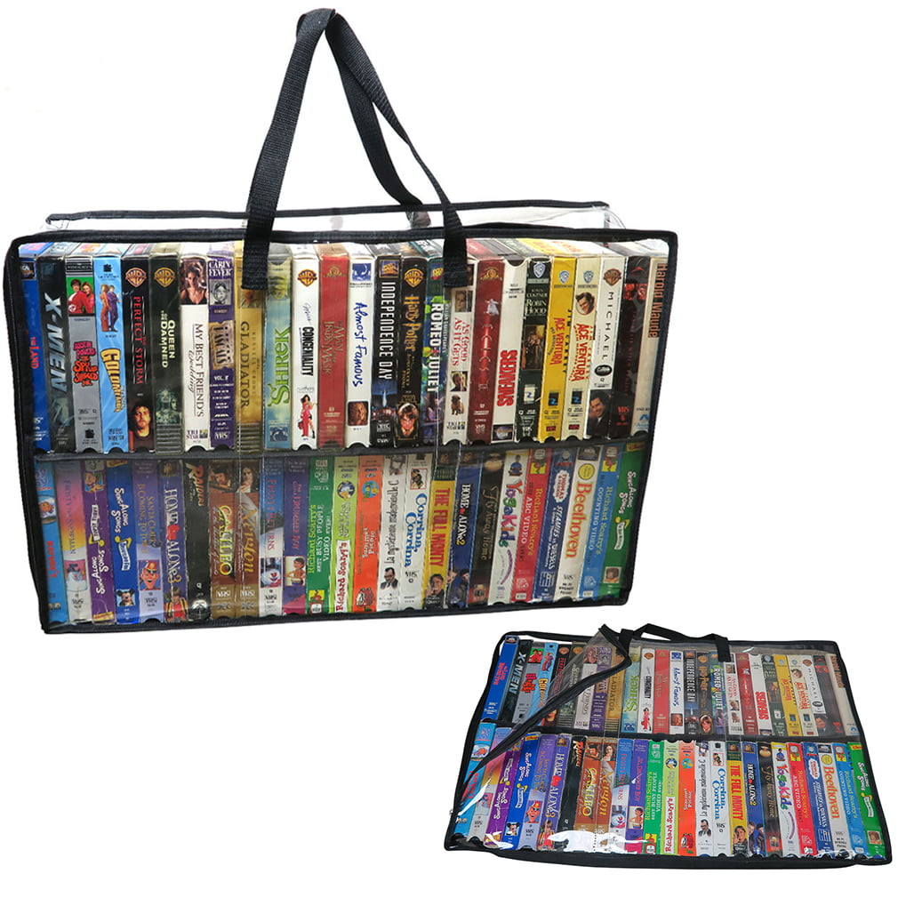 White Portable Movie Tape Case with Strong Carrying Handle and Zipper Home Protective Video Cassette Organizer for Car Cabinet Shelf Office Besti VHS Storage Bags Stackable with Dividers 