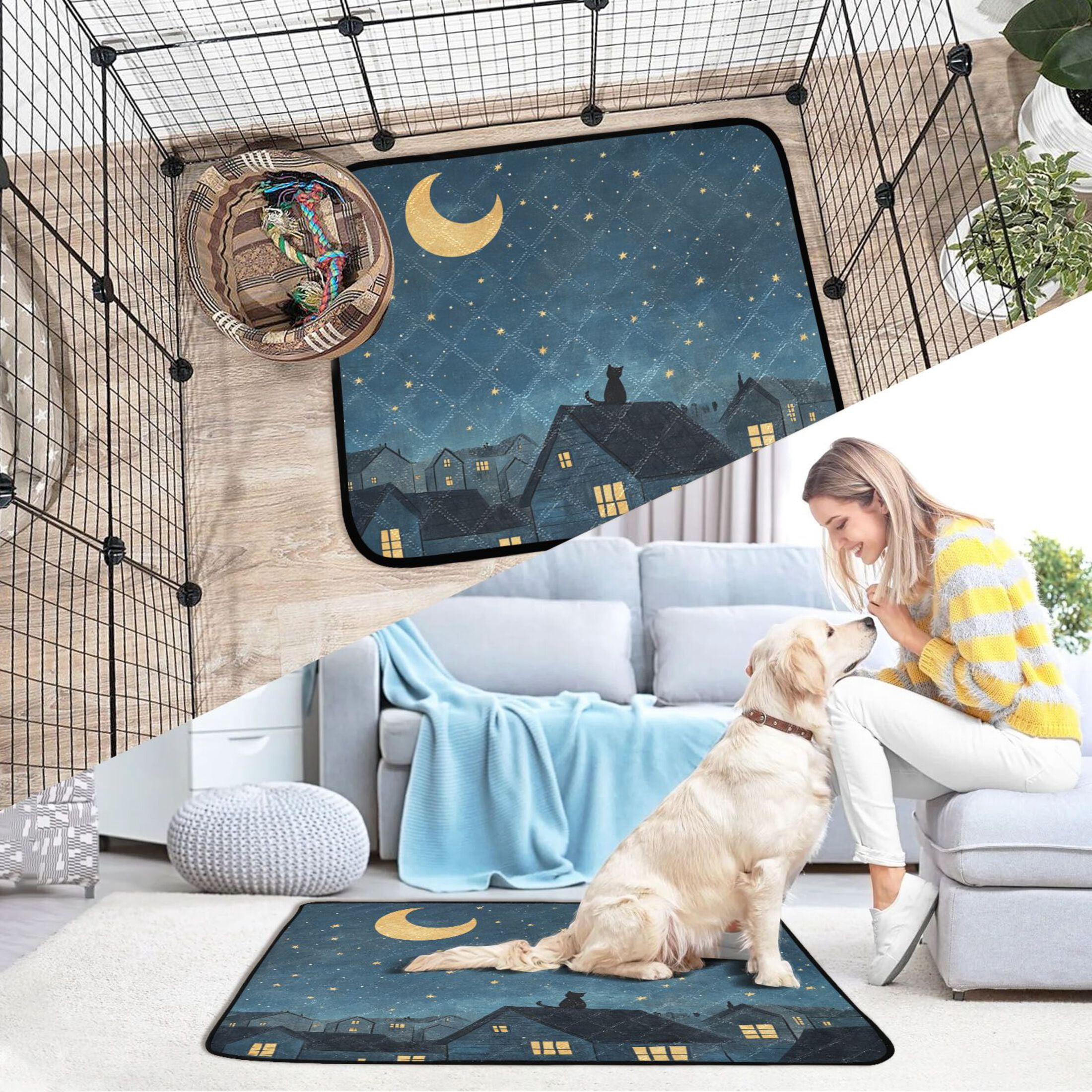 Qxltty Illustration Of Cat Sitting on Roof Cat litter Pads Pet Set of 3 Diaper Mats Center Anti-leakage Layer Absorbent Soft and Comfortable