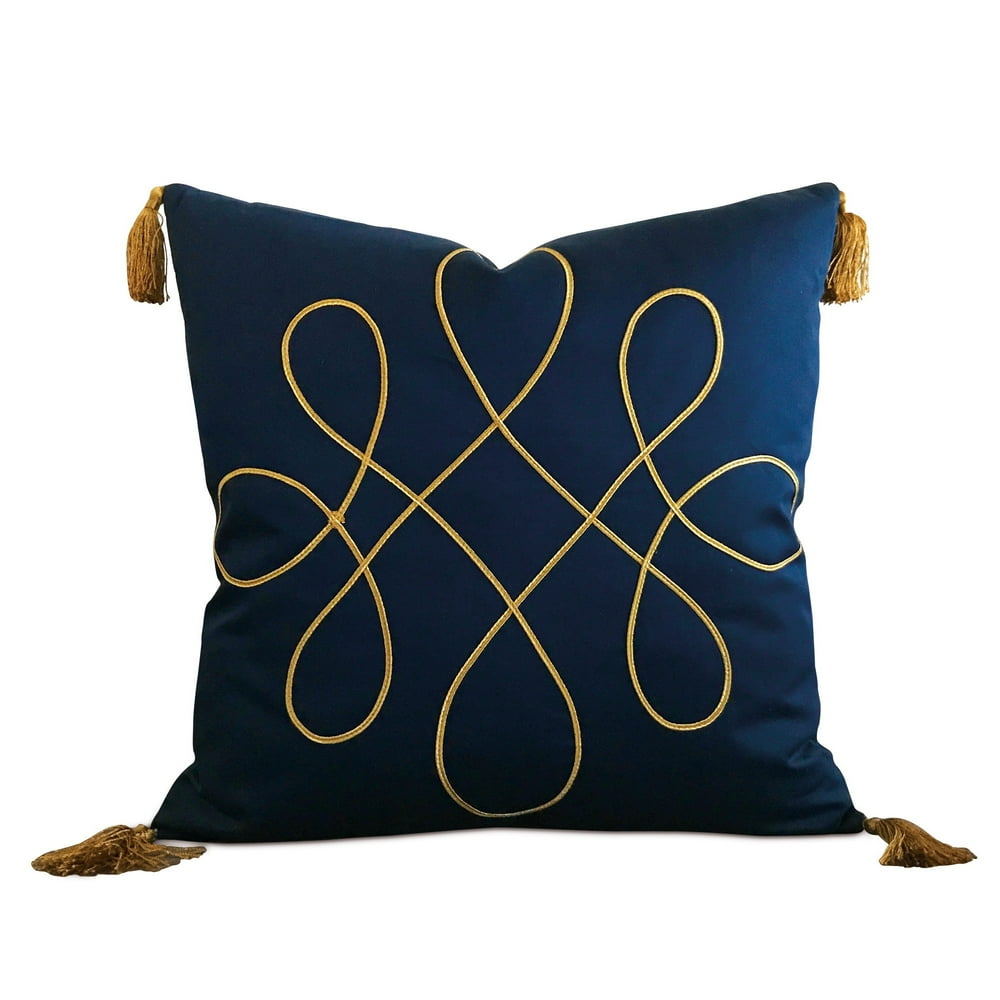 Royal Blue Silk Gold Tassel Trim Decorative Pillow Cover 20" x 20