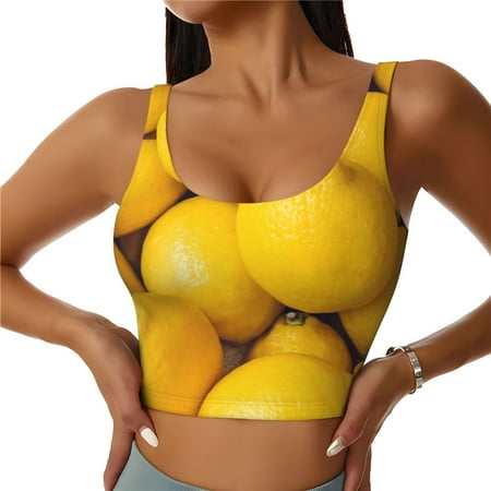 Xecao Ripe Yellow Lemon for Sports Bra with Removable Pads  Crop Tank Top Design  Women s Longline Sports Bra - Non-Wired - Small