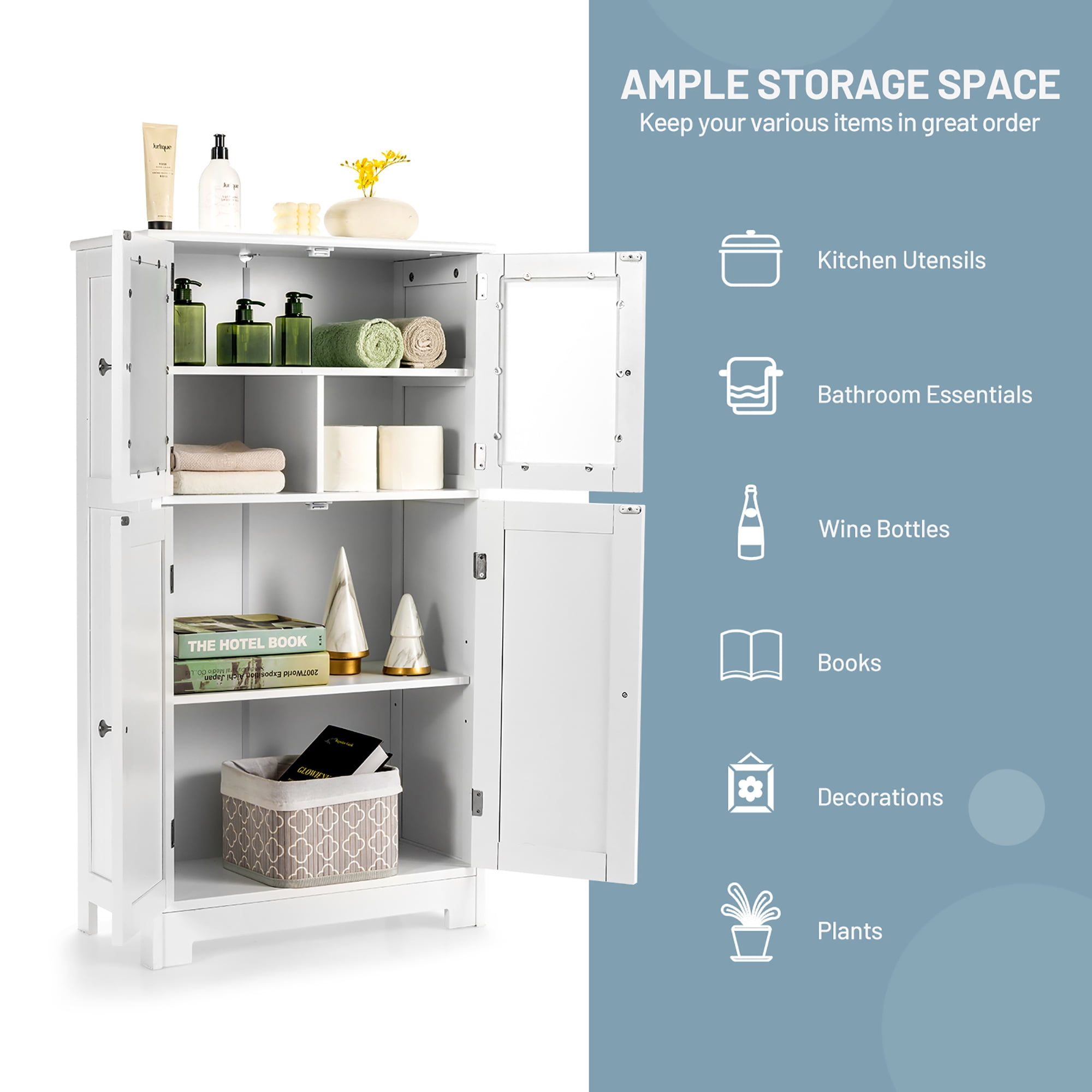 Costway Bathroom Floor Storage Cabinet Kitchen Cupboard w/Doors&Adjustable Shelf White