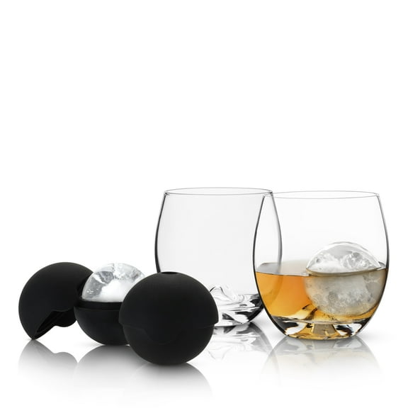 Viski Sphere Silicone Ice Molds with Glasses, Whiskey Bourbon, 4 Piece Set