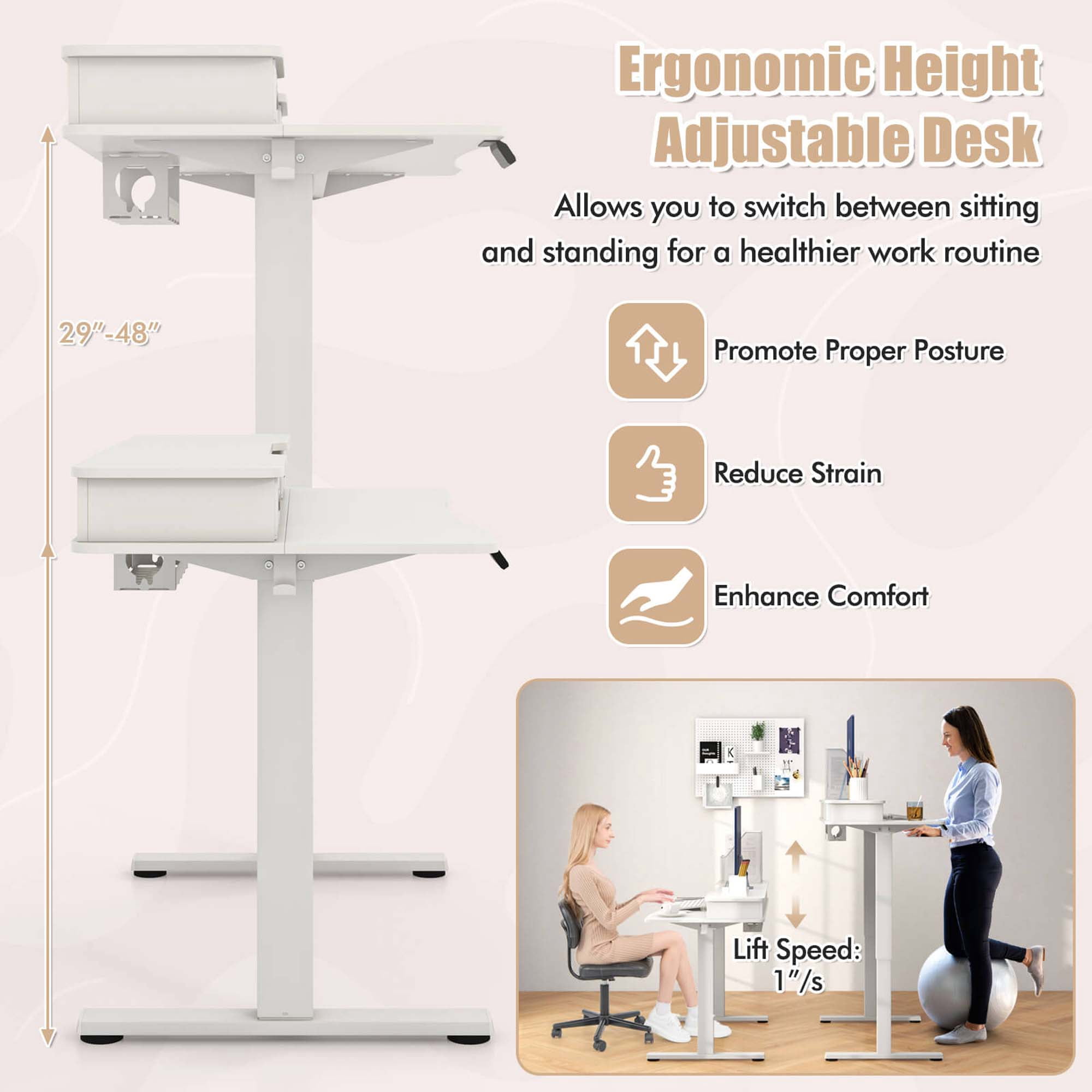 Costway 63" x 24" Electric Standing Desk with 2 Drawers Monitor Stand Storage Shelf White