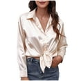 thumbnail image 6 of Women's Spring Satin Shirts Buttons Lapel V Neck Long Sleeve Tunic Blouses Solid Color Trendy Casual Tops Rose Gold,XL, 6 of 6