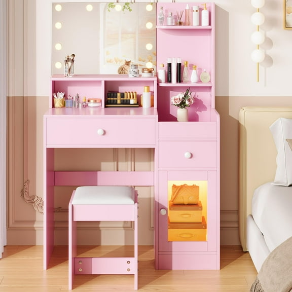 UHOMEPRO Pink Vanity Set with Mirror and LED Storage Cabinet, Makeup Vanity Table with 10 Light Blubs, Pretty Vanity Set for Girls, Women's Gift