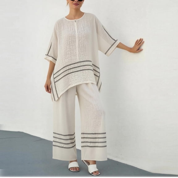 Pounoo Women's Outfits Striped Linen Co Ord Tops and Pants Beach Vacation Lightweight Airy Relaxed Fit Casual Sets Gift