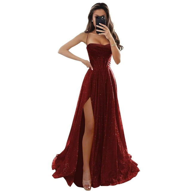 Vestido de fiesta LANGKAAO 2025, vestido de gala con purpurina en forma de A, color burdeos