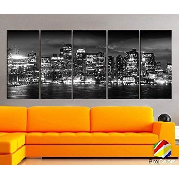 Original by BoxColors XLARGE 30"x 70" 5 Panels 30"x14" Ea Art Canvas Print beautiful Boston light Skyline night Black & White Wall Home Office decor interior (framed 1.5" depth)