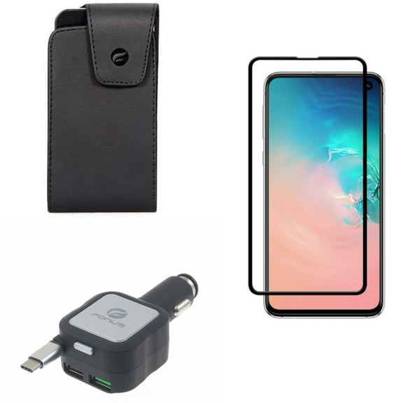 Galaxy S10e Case Belt Clip w Car Charger w Screen Protector - Leather Swivel Holster, Retractable 4.8Amp Type-C, Tempered Glass 5D Curved Edge for Samsung Galaxy S10e Phone
