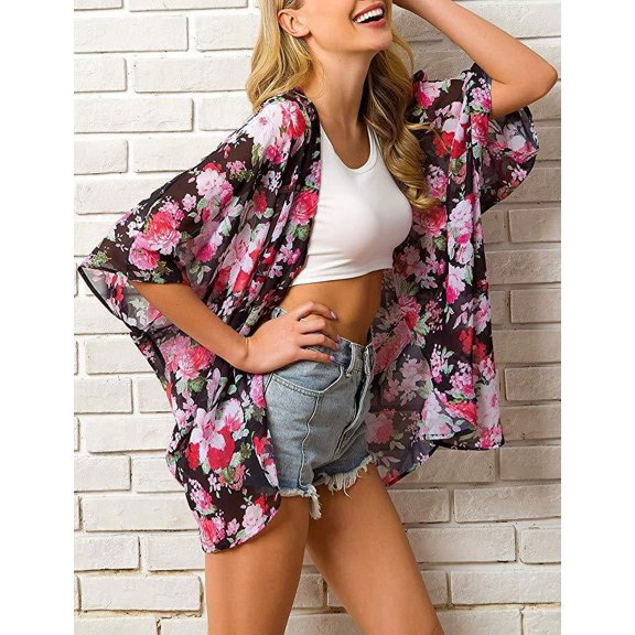 Haute Edition Women's Lightweight Summer Kimono Cardigan Cover Up in Leopard and Floral