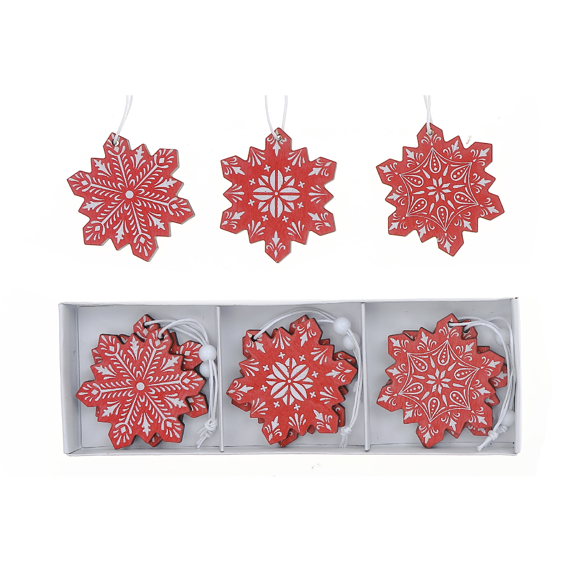 12Pk Red And White Wooden Snowflake Ornaments (Asstd) - Set of 2