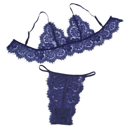

nsendm Birthday Lingerie for Women Women s Three Point Eyelash Lace Hollowed Out Sling Lingerie Set Light Underwear Blue Medium