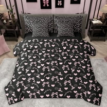 Homewish Black Pink Bowknot Twin Bedding Sets 7-Piece, Fashion Rose Flower Bedding Comforter Set, Kawaii Cartoon Love Heart Reversible Sheet Sets, Super Cozy Room Decor