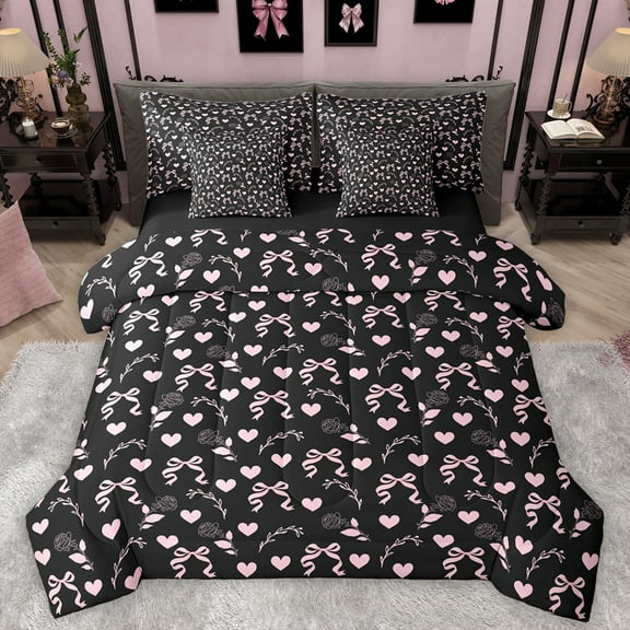 Homewish Black Pink Bowknot Twin Bedding Sets 7-Piece, Fashion Rose Flower Bedding Comforter Set, Kawaii Cartoon Love Heart Reversible Sheet Sets, Super Cozy Room Decor