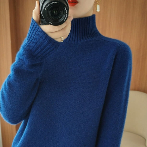 Suéter de punto de cuello alto medio para otoño e invierno, suéter elegante de lana de color sólido para mujer, jersey de base de punto grueso