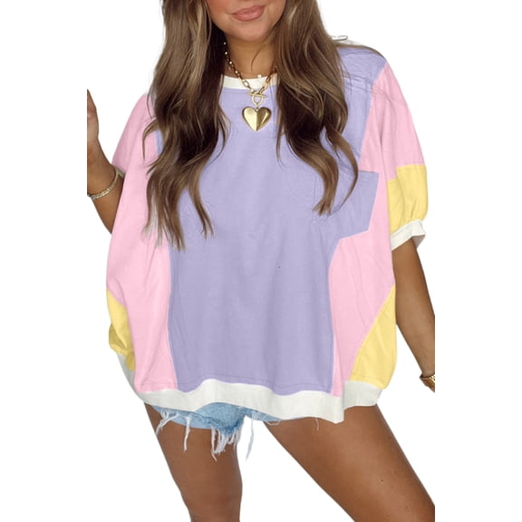Women's Purple Color Block Oversized Half Sleeve T-Shirt with Pocket | [ZhiHiMeRi] | (US 12-14)L