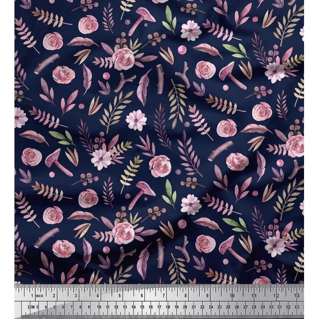 Soimoi Tissu Popeline de Coton Bleu Imprimé Feuilles de Pacanier & Roses par Yard 42 Pouces de Large