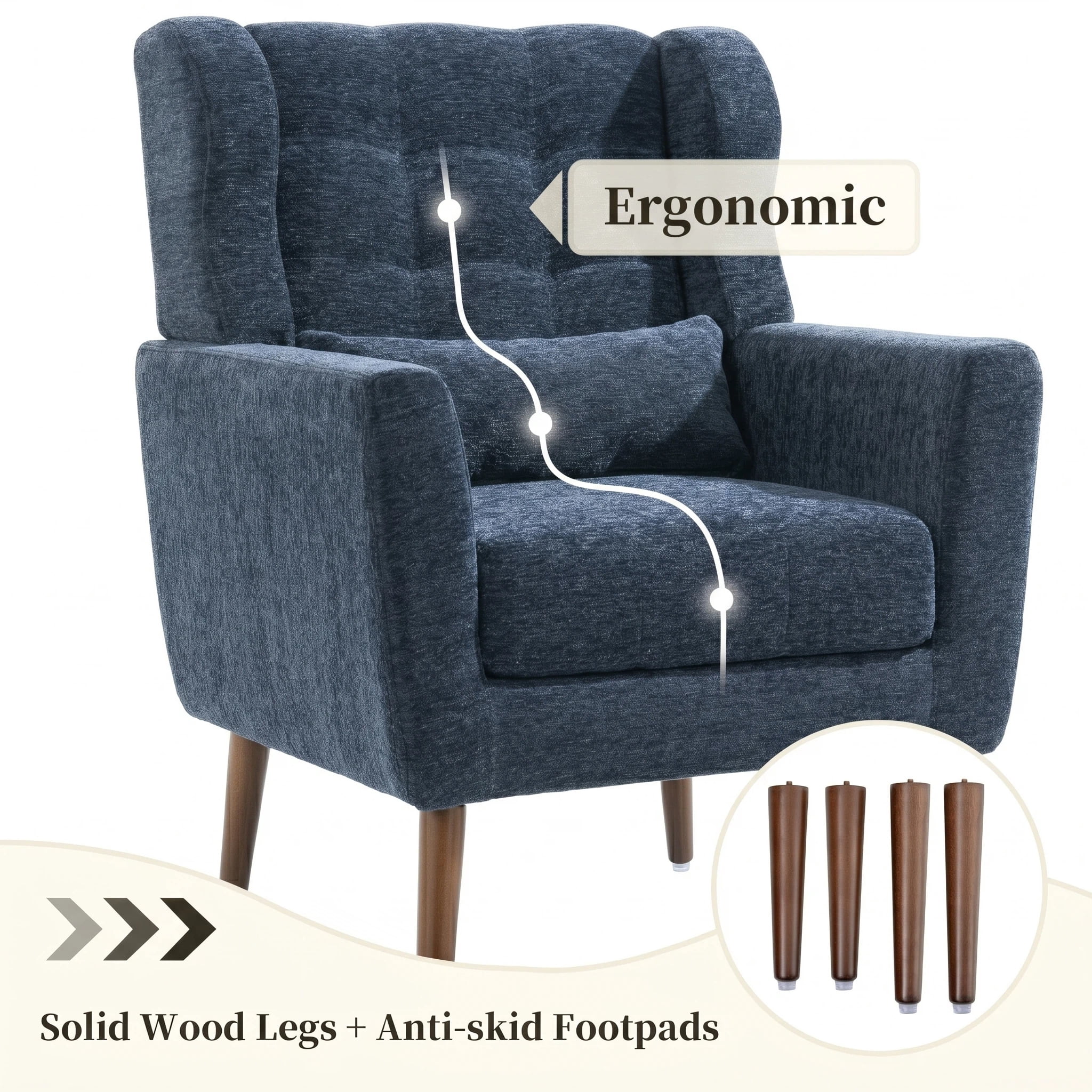 AISWORD Modern Accent Chair, Upholstered Armchair with Pillow, Fabric Single Sofa Chair with Lounge Seat and Wood Legs Accent Chair for Living Room Bedroom Small Spaces, Dark Blue