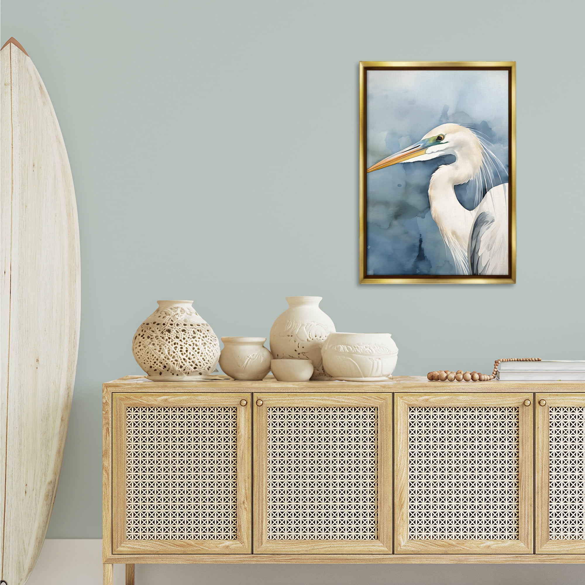 Stupell Industries Beach Bird on Blue Animals & Insects Painting Gold Floater Framed Canvas Art Print Wall Art, 21 x 31