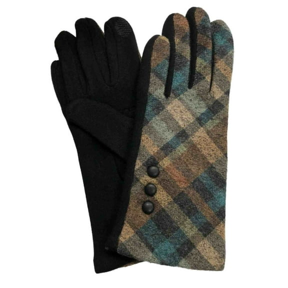 Womens Brown & Blue Button Plaid Stretch Fit Texting & Tech Touchscreen Gloves