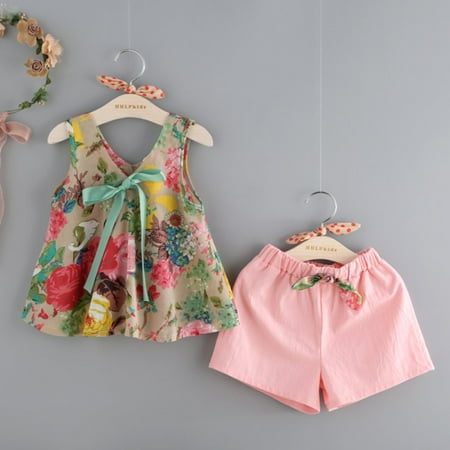 

Toddler Baby Girl Summer Outfits Floral Vest Tops & Shorts Clothes Set