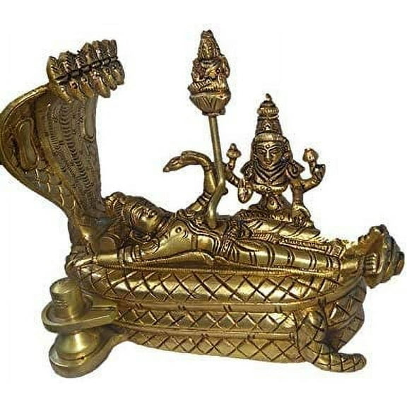 AONA Anantha Padmanabha Idol (Anantha shayanem), Shri Lakshmi Narayan Idol, Maha Vishnu Padmanabhaswamy Brass Statue - 12.8 cm Height, 15.5 cm Length,Golden Color