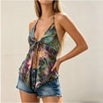 thumbnail image 2 of TEAJOPSUU Womens Halter Tops Spicy Sleeveless Deep V Neck Cami Tank Tops Tie Front Split Hem Flowy Printed Summer Casual Blouse for Beach Vacation Everyday Green, 2 of 6