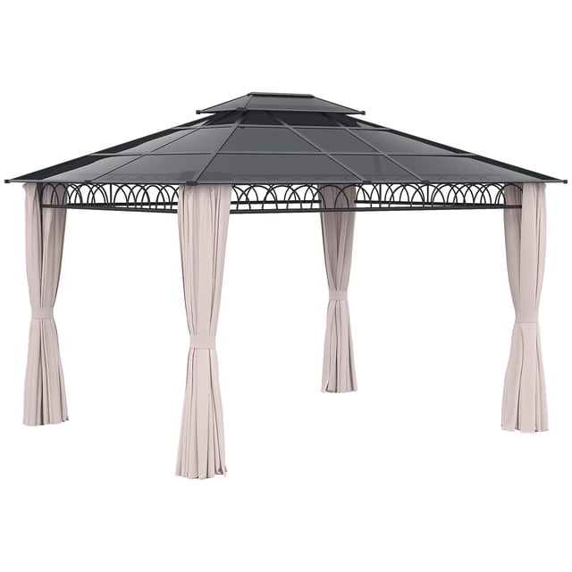 Outsunny Pavillon à Toit Rigide à Double Toit 10 Pieds x 12 Pieds avec Moustiquaires et Rideaux, Kaki